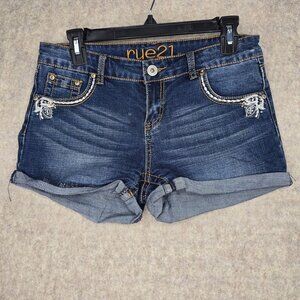 Rue21 Juniors Denim Mid Rise Shorts Blue Size 5/6R Stretch Embellished Pockets